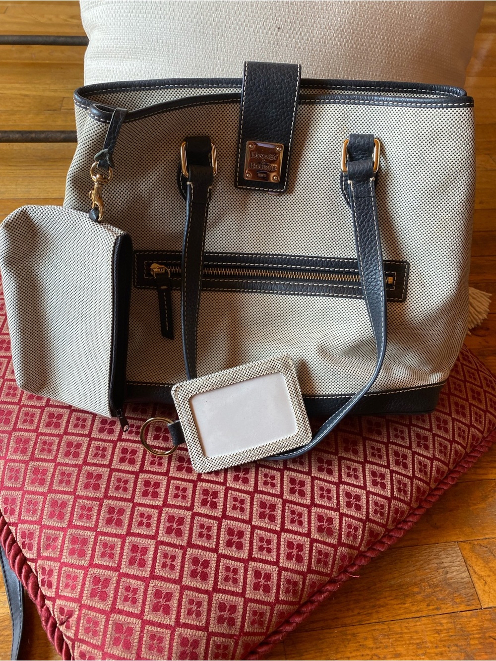 Dooney&Bourke &Cream Canvas Tote with Black Trim and Gold Hardware
